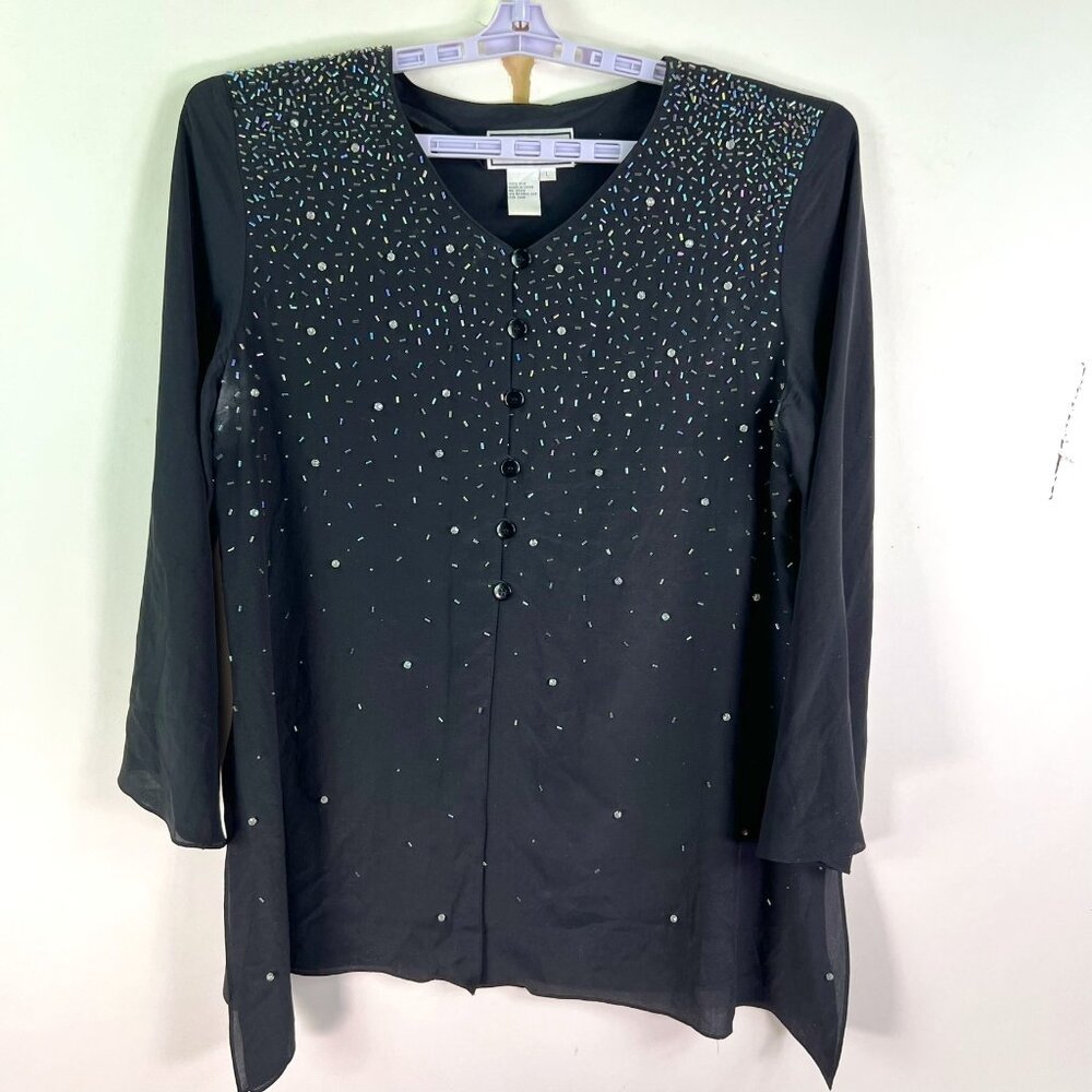 Diane Gilman 100% Silk Beaded Button-Up Blouse Womens Size M Black